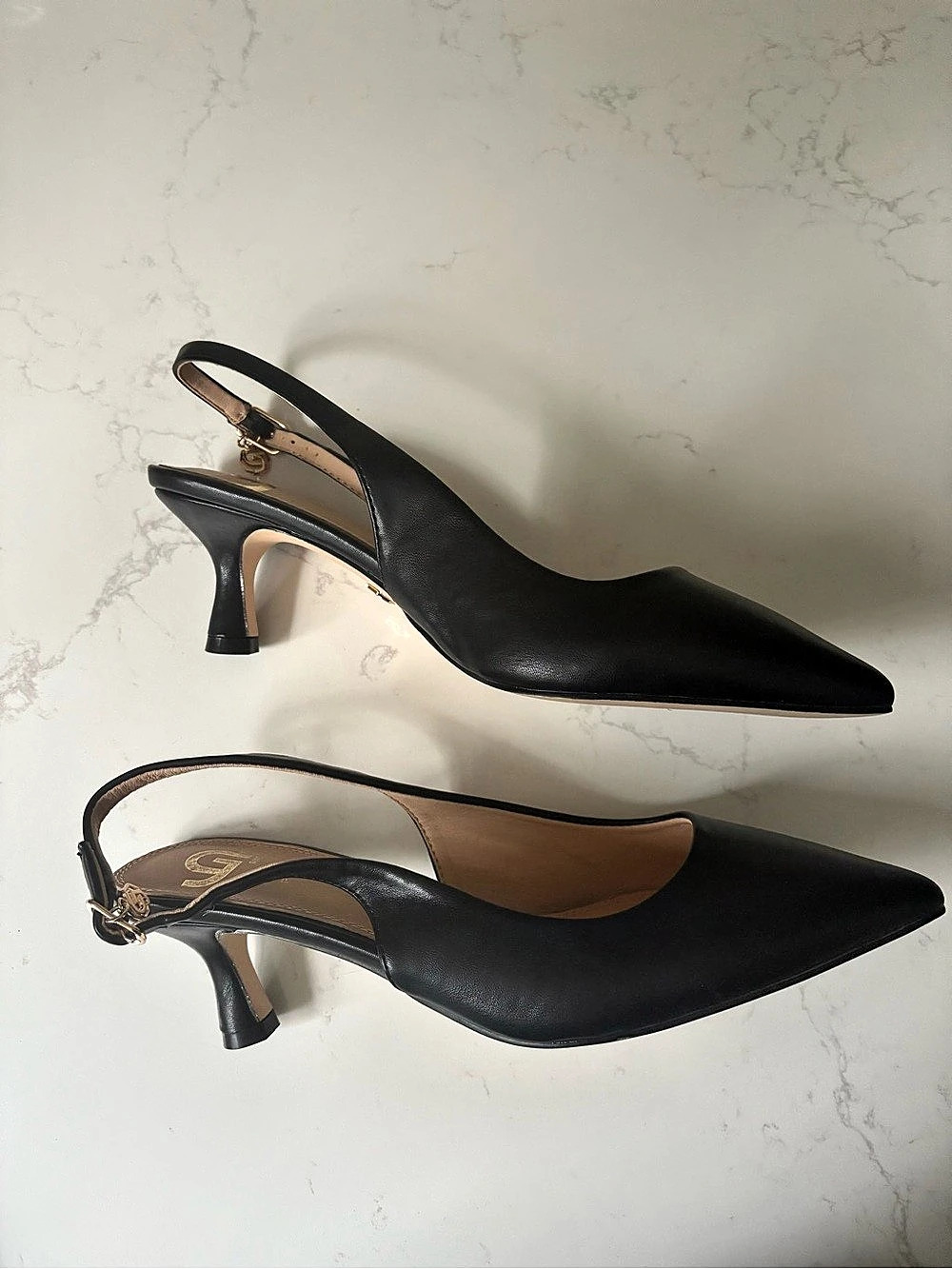 Vera Pelle Italian Leather Black Pointed-Toe Slingback Kitten Heels
